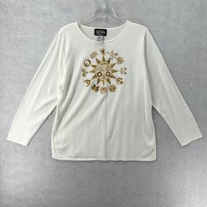 Bob Mackie Tunic Sweater Top Womens LARGE Ivory Embroidered‎ Zodiac Astrology